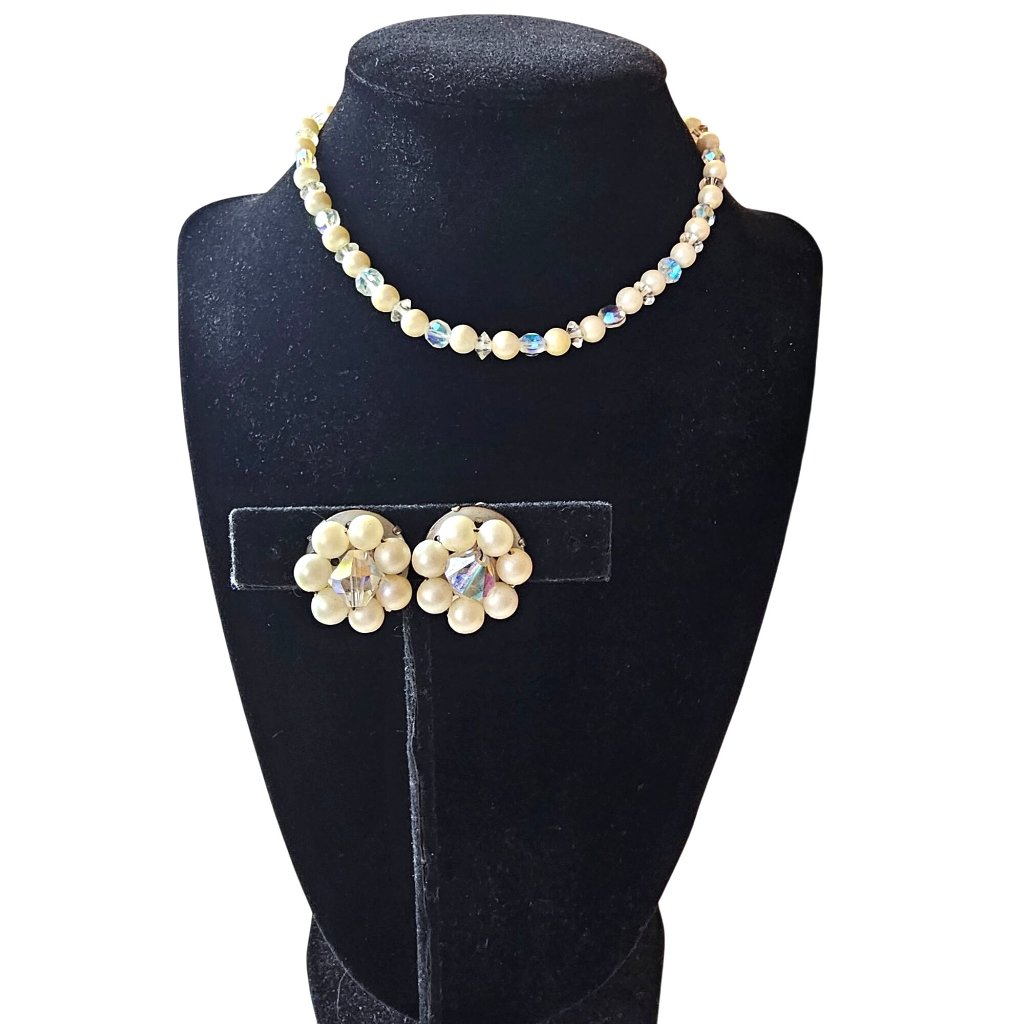 Vtg 1960s Laguna Crystal White Bead Pearl Choker Necklace Earring Matching Set 40$